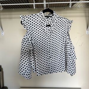 Navy Polka Dot Ruffle Sleeve Blouse